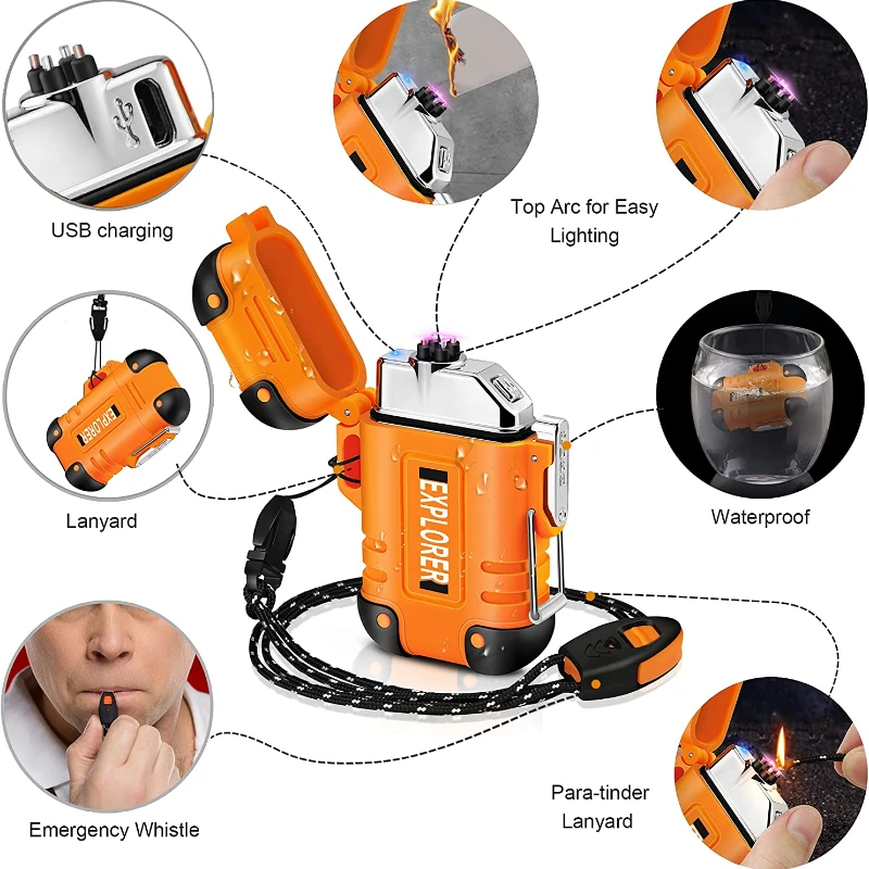 Chống Thấm Nước Đôi Hồ Quang Bật Lửa Sạc USB Chống Gió Plasma Bật Lửa Cắm Trại Ngoài Trời Flameless Hút Thuốc Phụ Kiện