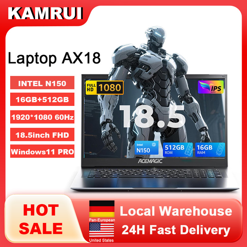 KAMRUI computadora portátil 18,5 "FHD 8000mAh Intel N150 Quad-Core Windows 11 PRO 16GB DDR4 RAM 512GB M.2 SSD WiFi5 Notebook de escritorio