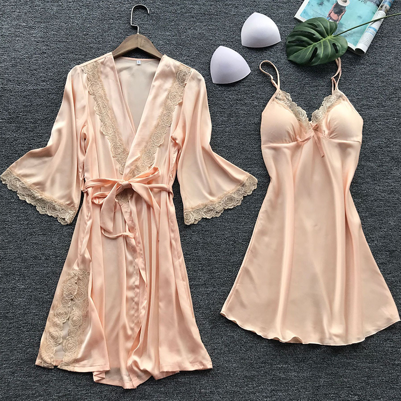 2 Stuks Leepwear Dames Pyjama Set Satijnen Thuis Pyjamama Kanten Gewaad Pak V-Hals Bruiloft Nachtkleding Nighty & Rob