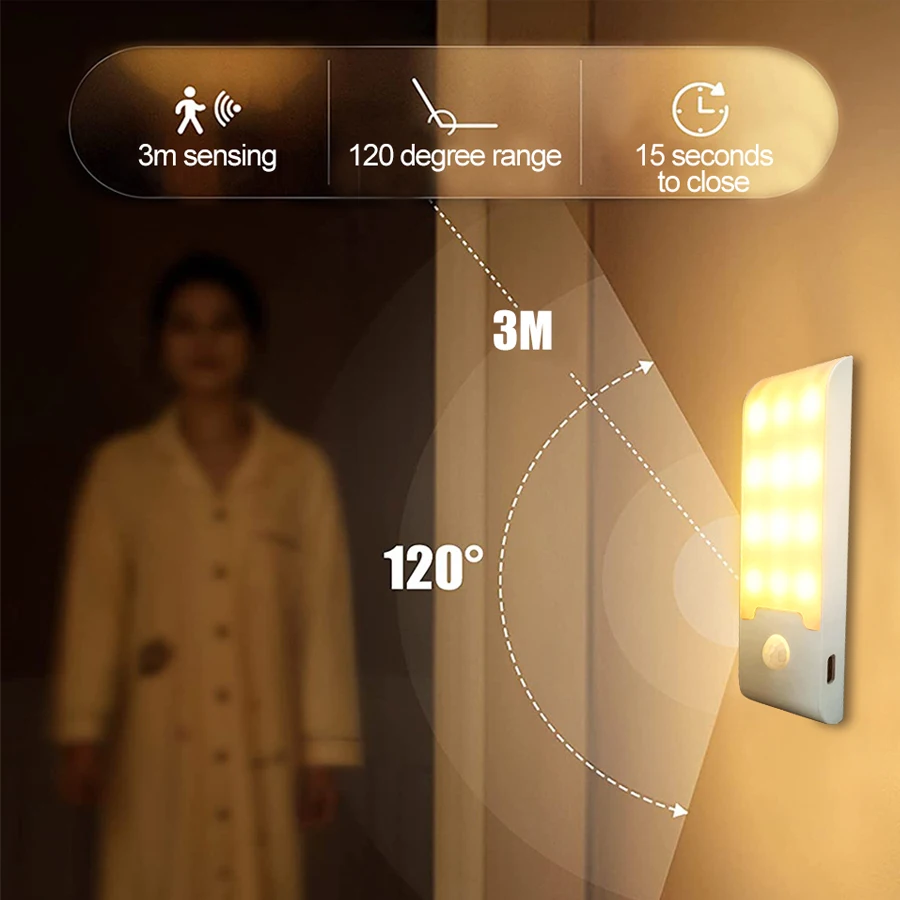 12LED Night Light Motion Sensor USB LED โคมไฟสําหรับทางเดินห้องน้ําตู้เสื้อผ้าห้องครัวภายใต้ตู้ความสว่างสูง