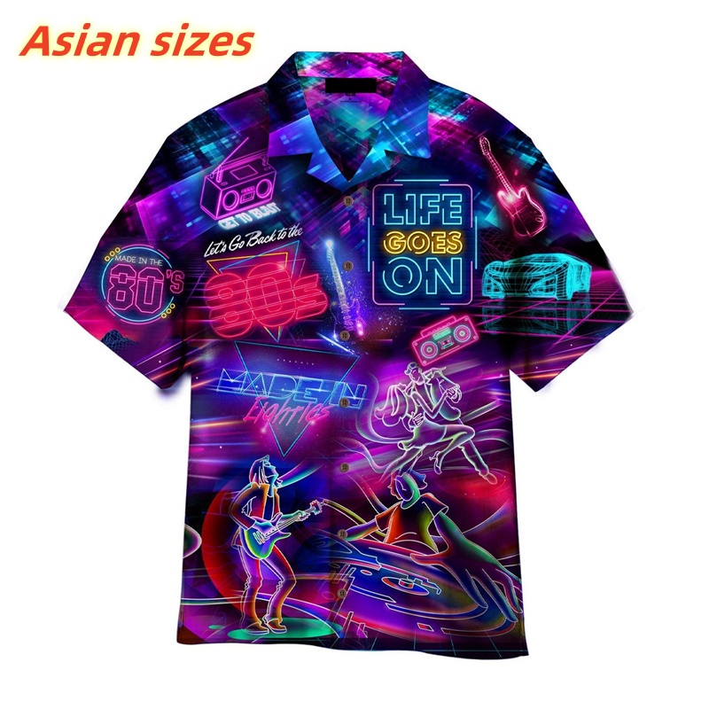 3D Printed Colorful Music Hawaiian Shirts For Men Cool 80s Patterns Blouse Summer Vacation Short Sleeves Tops Loose Aloha Shirts