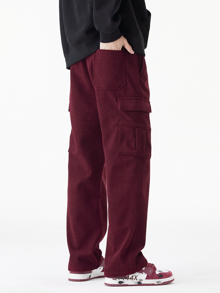 ฤดูหนาว Corduroy Sweatpants ผู้ชายหลายกระเป๋าขนแกะถักกางเกง Cargo Thicken WARM Casual หลวมตรงกางเกงชาย