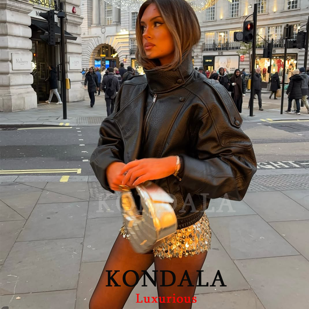 KONDALA Casual Chic Black Leather Jackets Women Long Sleeve Buttons Elastic Oversized Coats Fashion 2026 Spring Streetwear Coats