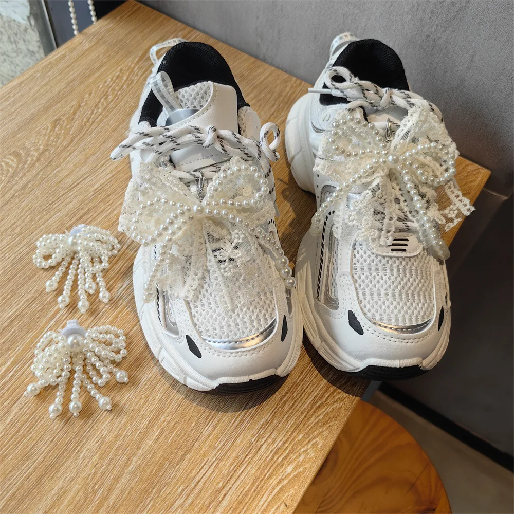 Hebilla de flor para zapatos, accesorios decorativos de primera calidad para zapatos, lazo de perlas de encaje a la moda, cordones para zapatos, dijes para zapatillas decorativas