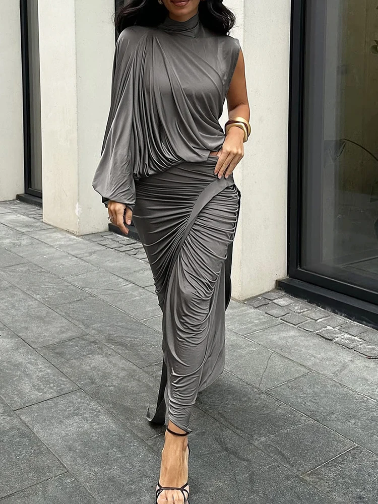 kliou Einzigartiges, unregelmäßiges Damen-2-teiliges Set, solide, schwingende, plissierte, einzelne, volle Ärmel, Rollkragenpullover + passende geteilte Maxiröcke