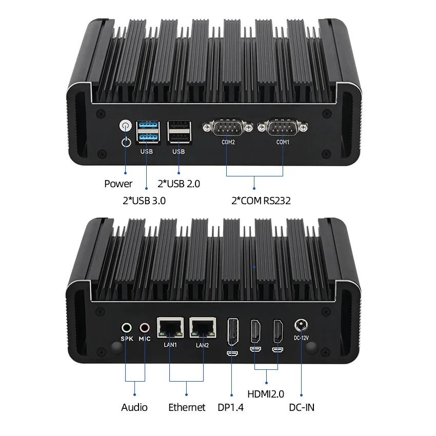 Mini PC Industrial sin ventilador Intel N100 2x Gigabit Ethernet 2x DB9-RS232 HDMI2.0 * 2 DP Triple pantalla WiFi compatible con Win10/11 Linux