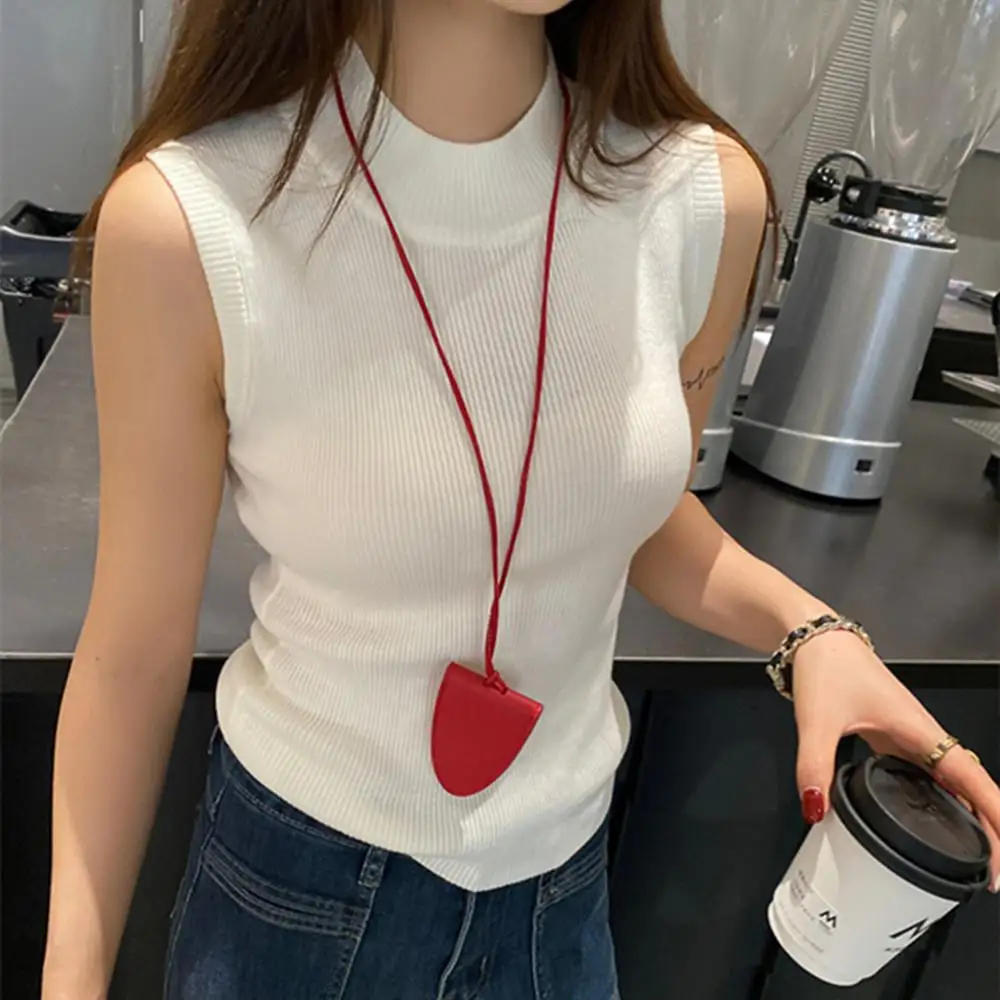 Hot Women's Vest Knitted Tank Top Solid Color Slim Sweater Half-turtleneck Spring Autumn Sleeveless T-Shirt Cropped Top Camisole
