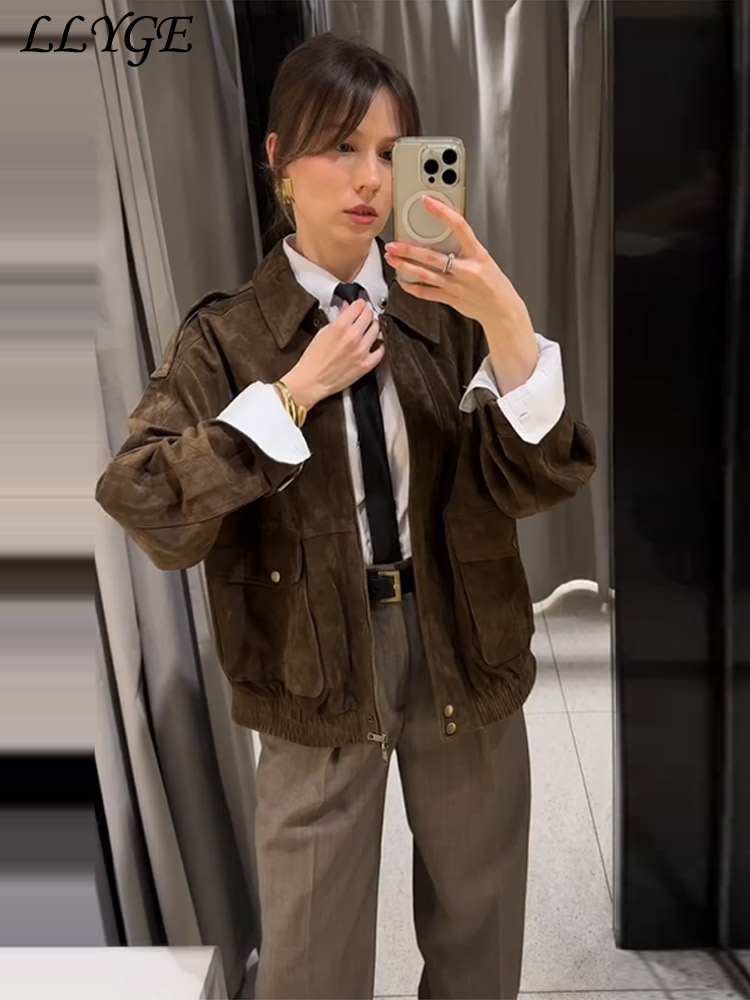 ヴィンテージ女性のスエードボンバージャケットファッションラペルジッパーフルスリーブポケットコート 2025 春の女性のエレガントなカジュアル生き抜く新