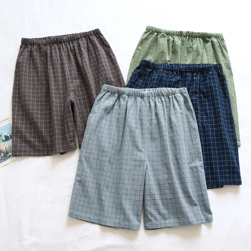 Calções masculinos de algodão, cor sólida, simples, soltos e respiráveis, calças de dormir para estudantes, cintura elástica, calças de pijama xadrez