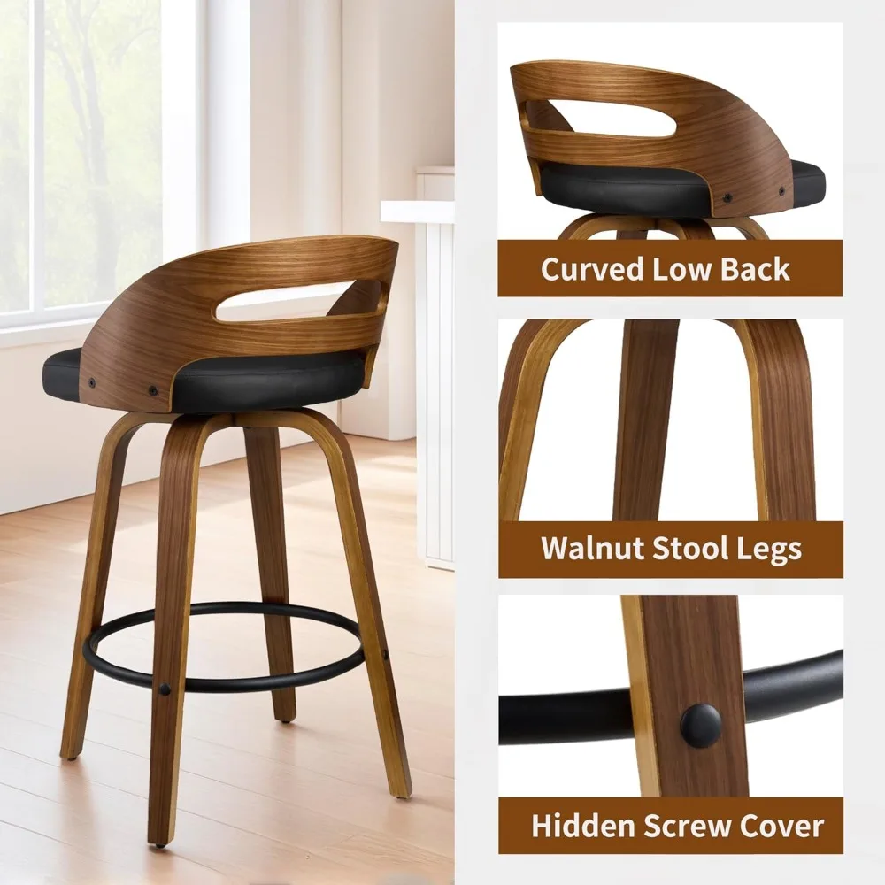 Swivel Bar Stools,Counter Height Chairs with Walnut Wood Frame Leather, Low Back, Footrest & Easy-Clean Design for Kitchen, Bar