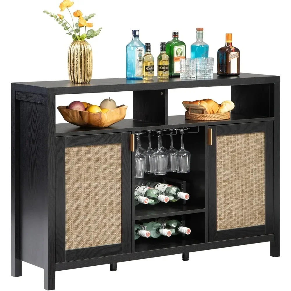 Rattan Coffee Bar Cabinet, Modern Liquor Cabinet with Wine Racks Credenza, 51" Sideboard Buffet Cabinet with Storage