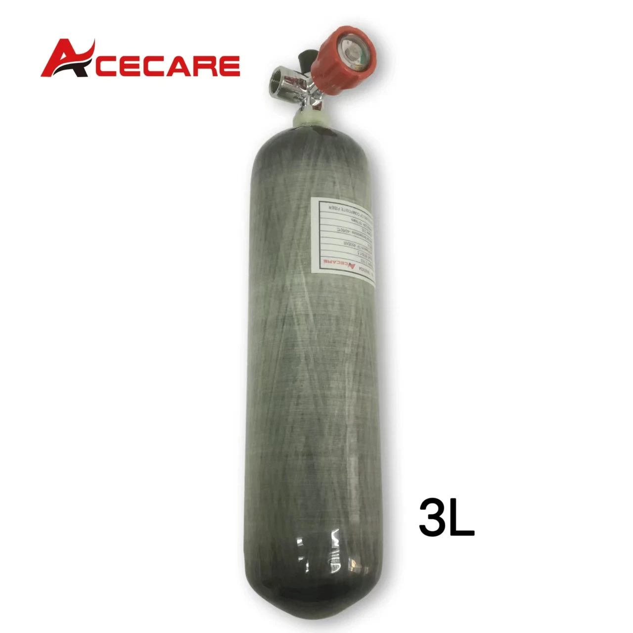 ACECARE 4500Psi  300Bar 30Mpa 3L CE Carbon Fiber Cylinder Diving Tank With Red Gauge Valve For Scuba Diving Rebreather M18*1.5