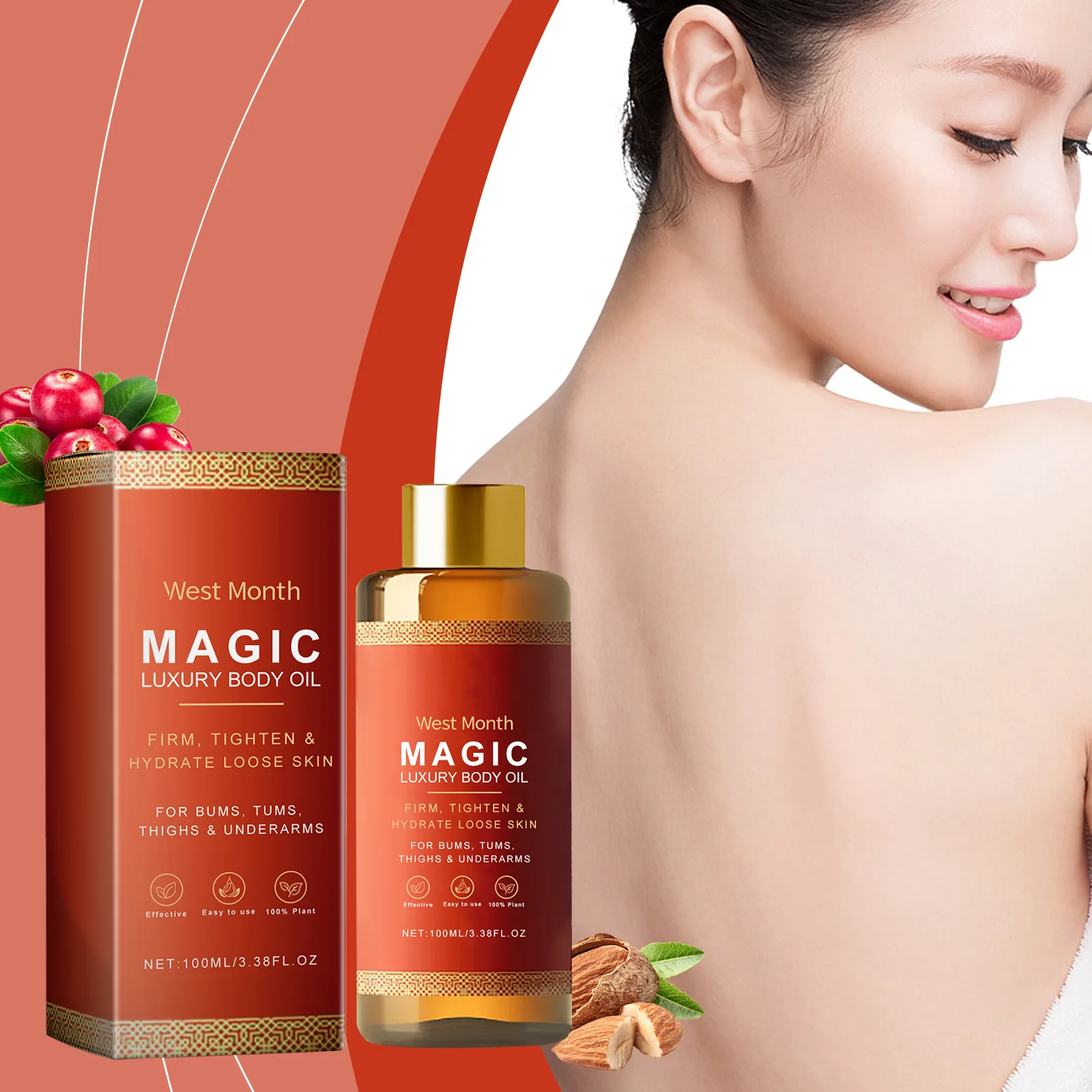 Óleo corporal mágico de luxo do mês ocidental, hidratante, aperto da pele, levantamento firme, peito, coxa, rejuvenescimento suave, óleo de massagem corporal