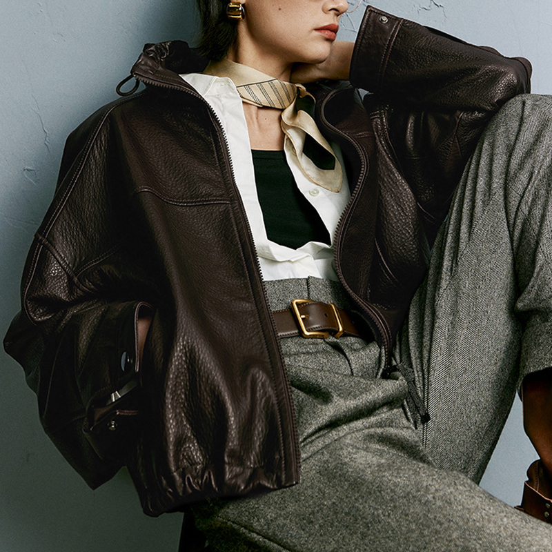 Chaqueta de cuero Real para mujer, abrigo corto de piel de oveja con cuello alto, cremallera doble con cordón, locomotora Retro, Kurtka Damska, otoño