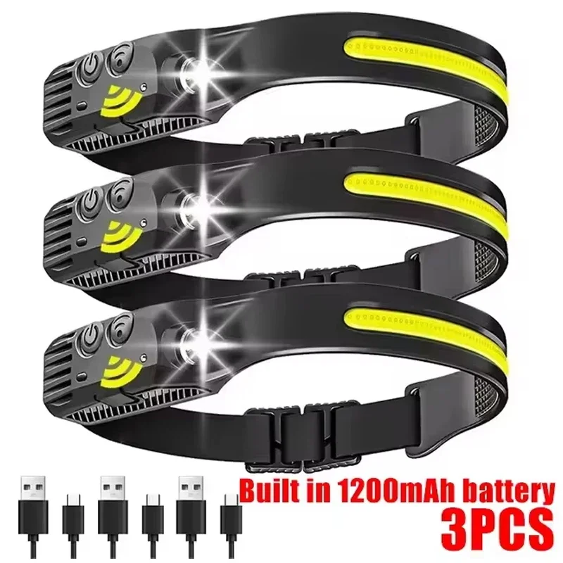 Lampada frontale con sensore LED ricaricabile USB Lampada frontale COB Lampada frontale da lavoro Lampada frontale impermeabile per lanterna da campeggio da pesca all'aperto