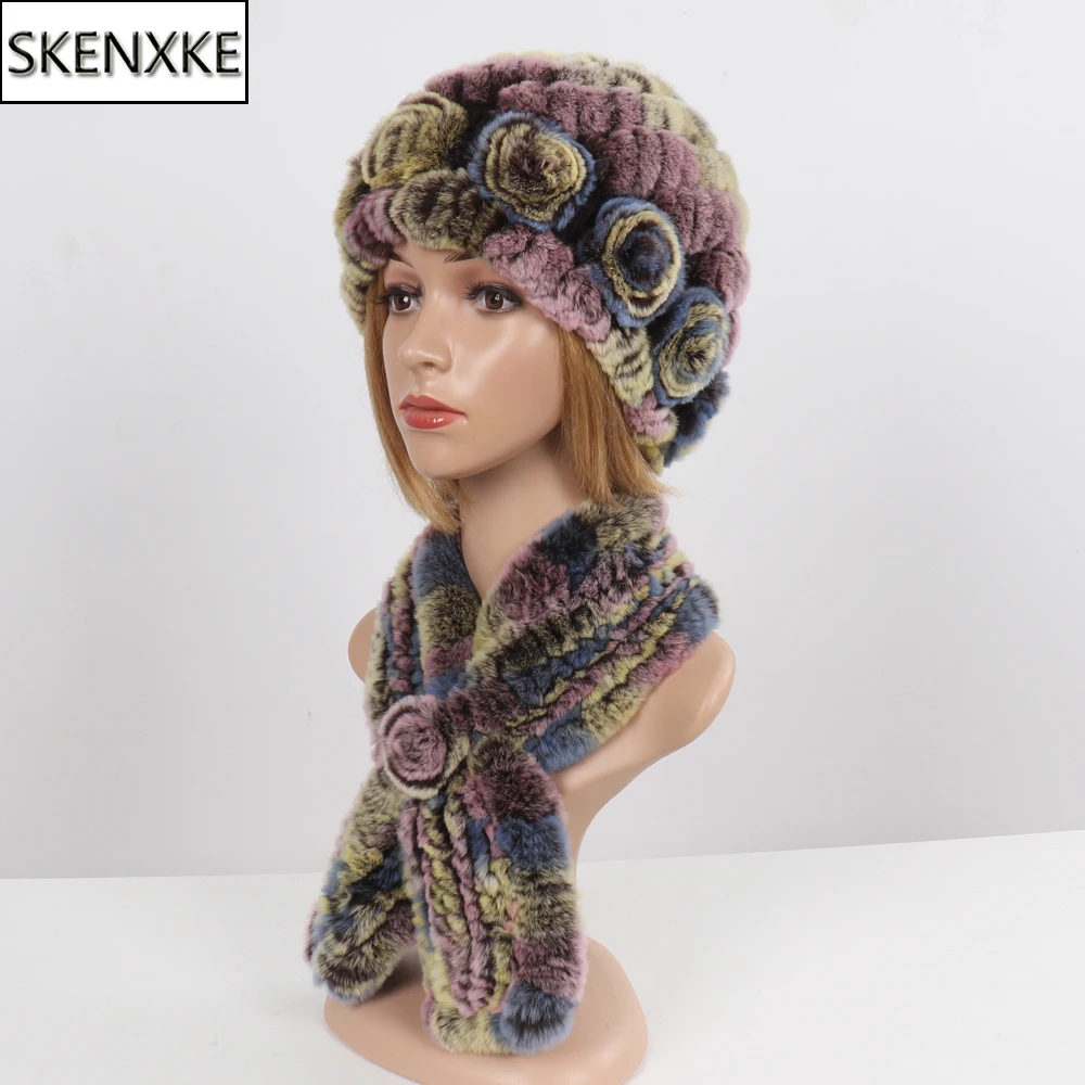 Heißer Verkauf Dame 100% Natürliche Pelz Hüte Schals Sets Frauen Winter Stricken Echt Rex Kaninchen Pelz Hüte Muffel 2 stück Echtpelz Hut Schal