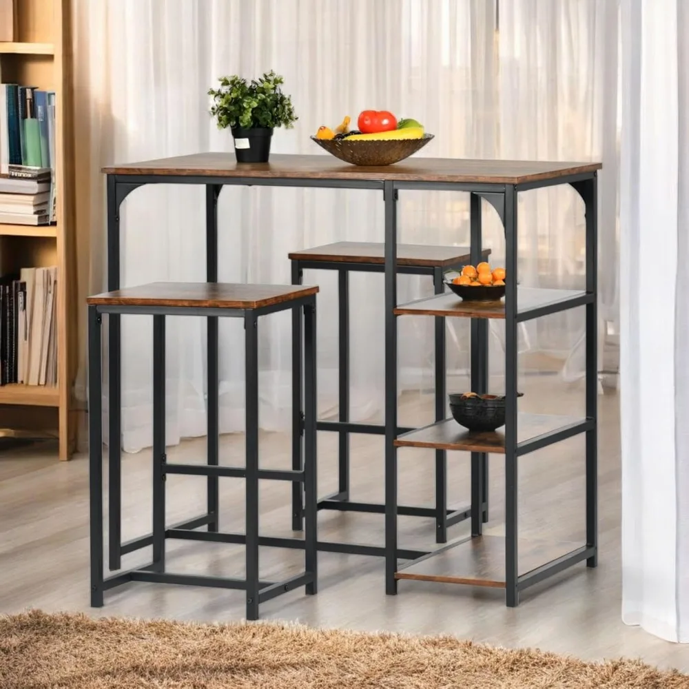 Un juego de 3 barras pequeñas, 1 mostrador de bar + 2 sillas altas, mesa de desayuno con 3 bolsas de almacenamiento, estructura de metal, marrón industrial