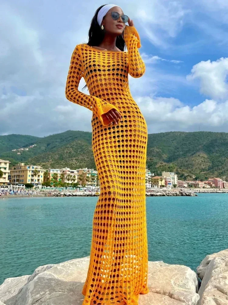 เซ็กซี่ตัดออกแขนยาวถักโครเชต์Beach Maxiชุด 2024 ผู้หญิงฤดูร้อนChicชุดว่ายน้ําElegant PartyชุดK23