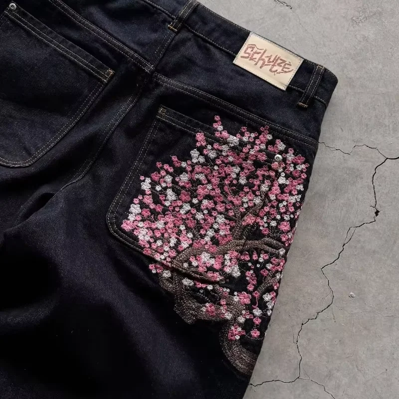 Y2K Harajuku jeans gótico vintage flor de ciruelo bordado patrón pantalones de pierna ancha hombres mujeres tela vaquera estilo americano ropa de calle