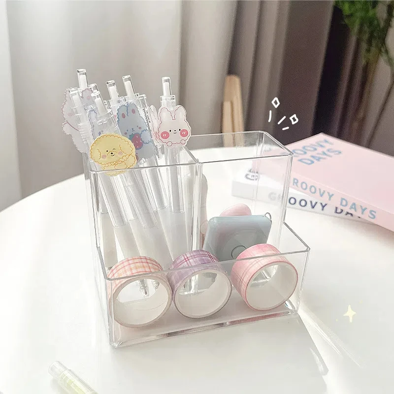 1/2/3Pcs Transparent 3 Grids Pen Holder Box Make Up Brush Bucket Cosmetic Organizer Student Desk Pen Container Storage Box