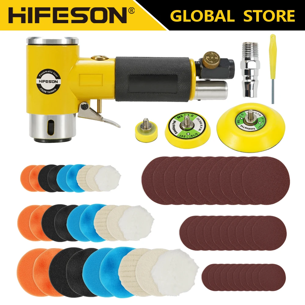HIFESON Mini lijadora de aire orbital de 2/3 ", pulidora neumática, amoladora, juego de pulidor orbital de doble acción