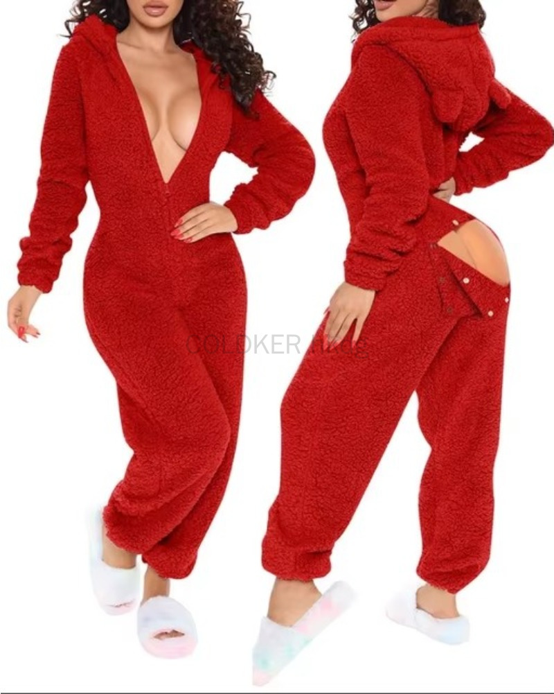 Frauen Overall Langarm Pyjama Zipper Mit Kapuze Overall Casual Winter Warme Nachtwäsche Sexy Butt Taste Zurück Klappe Hause Kleidung
