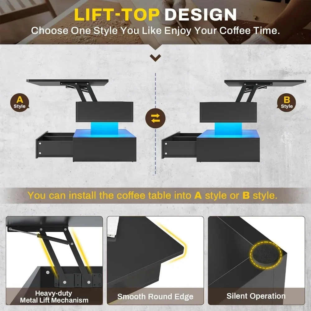 Mesa de centro elevatória de 40", mesas de centro com armazenamento para sala de estar, mesa de centro pequena com 2 gavetas