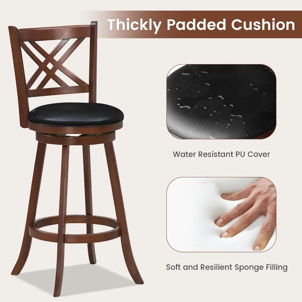 360° Swivel Barstools Set of 2, 29" Bar Height Bar Chairs with Back & Footrest, Upholstered Bar Stools with Rubber Wood Frame