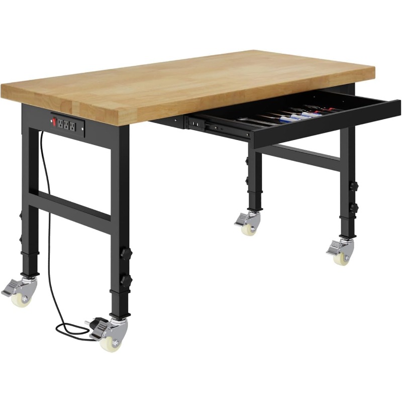 48" Work Bench with Drawers, Adjustable Height Workbench with Wheels, Heavy-Duty Work Table with Power Outlets, 2000 LBS Capacit