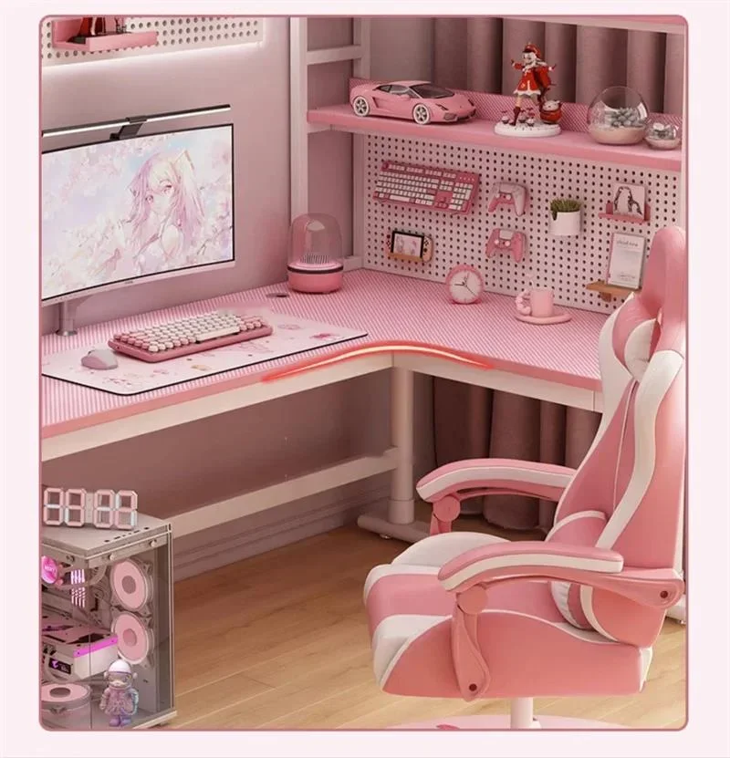 Mesa integrada do computador Desktop para meninas, mesa De Estudo De Fibra De Carbono, Pink Móveis De Escritório, Desktop Bookshelf