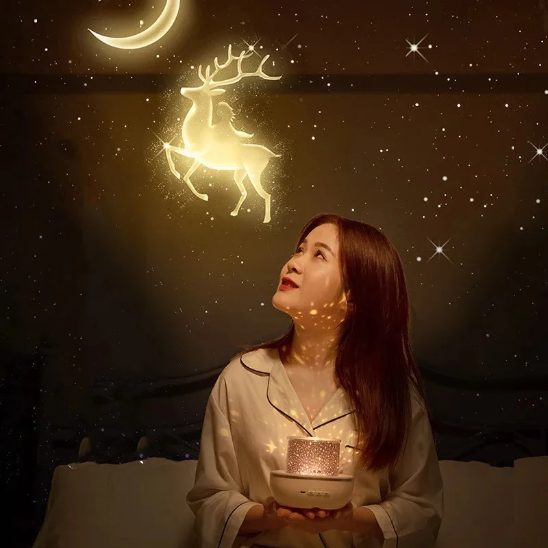 Coroa estrela luz projeção rotativa estrela quarto teto atmosfera noite lâmpada estrelas presente de aniversário das crianças com folhas de filmes
