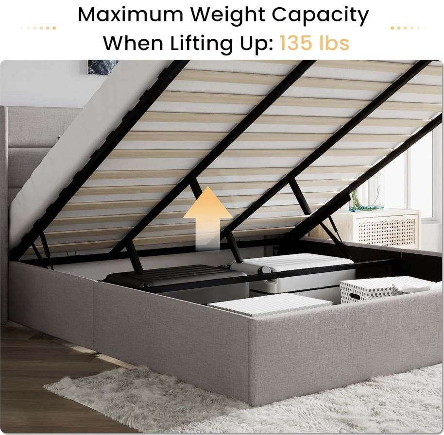 King Size Lift Up Storage Bed/Modern Wingback Headboard/Upholstered Platform Bed Frame/Hydraulic Storage/No Box Spring Needed/Wo