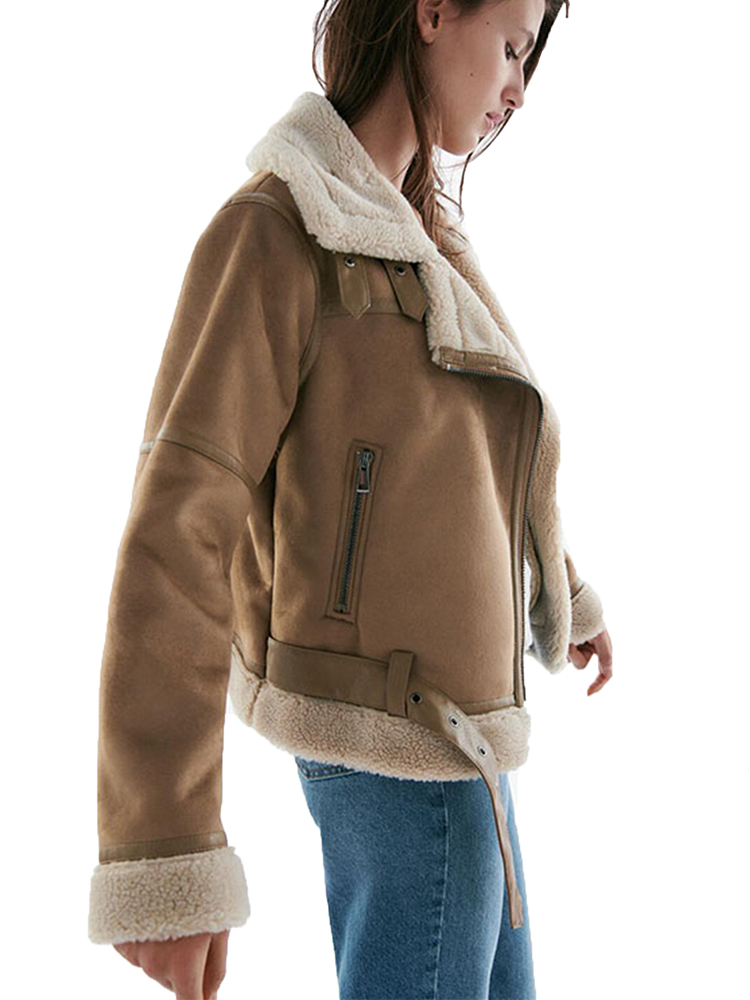 FMFSSOM ผู้หญิง Faux Suede เสื้อหนัง Lambskin ฤดูใบไม้ผลิหญิงสีน้ำตาลขนสัตว์ฤดูหนาว Warm Windproof Moto Biker Lambs สั้น Outw