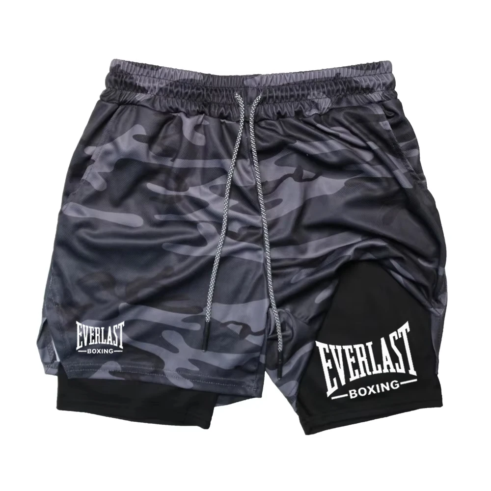 Shorts esportivos masculinos de dupla camada, shorts esportivos estampados EVERLAST, camada dupla de secagem rápida, basquete, fitness muscular