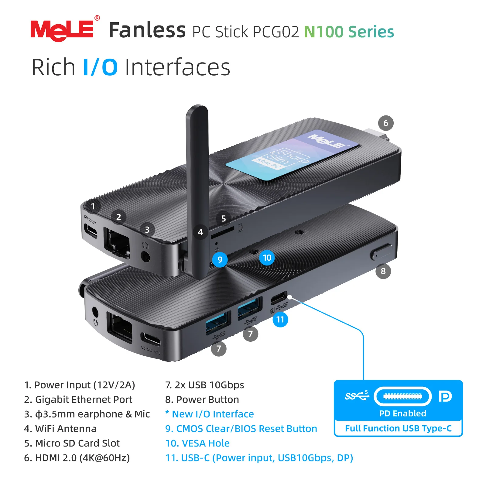 MeLE Fanless Mini PC Stick N100 8GB 256GB , Micro Computer Stick HDMI 4K Gigabit Ethernet,Wi-Fi5 PCG02