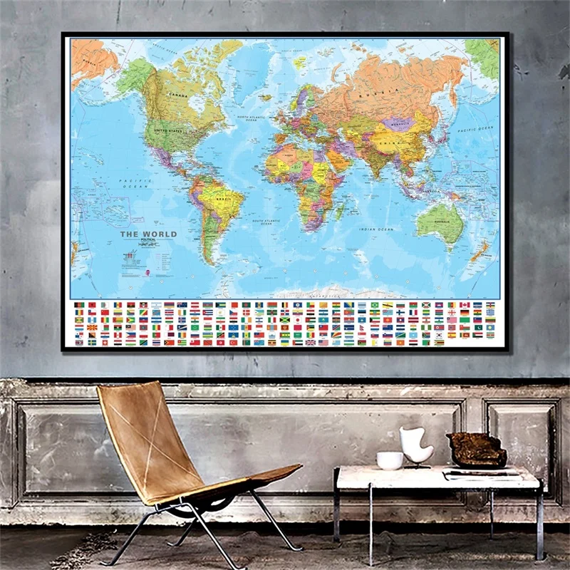 Mapa mundi grande dobrável de 150x100cm com bandeiras, mapa físico do mundo para viagens, material escolar de escritório para quarto e sala de estar