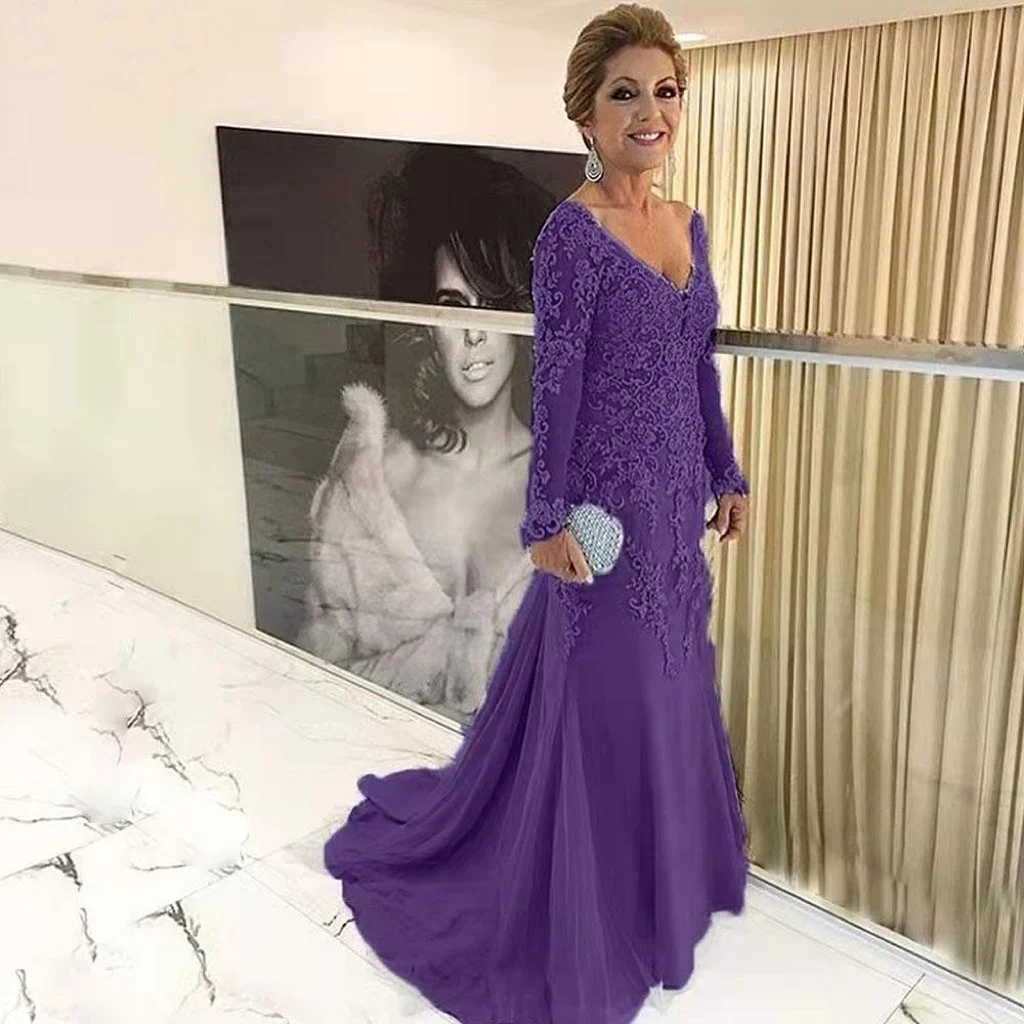 신부를 위한 신부 드레스, 골드 레이스 인어 긴 소매 아플리케, v넥 우아한 어머니 드레스, 결혼식 정장 파티
