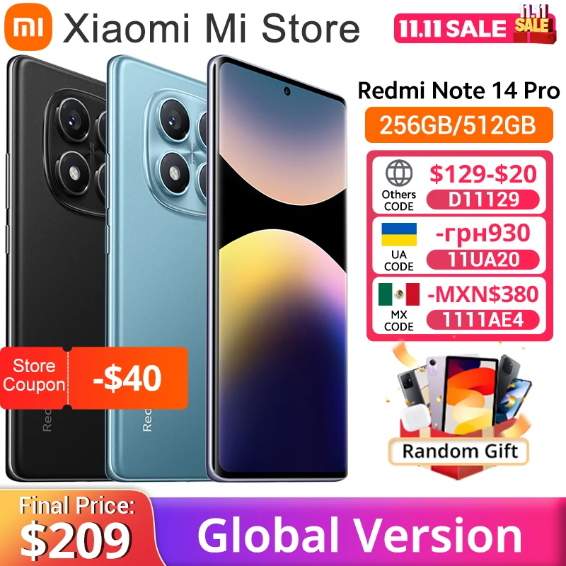 Глобальная версия Xiaomi Redmi Note 14 Pro Смартфон 200 МП AI камера NFC Helio G100-Ultra 6,67-дюймовый AMOLED-дисплей Аккумулятор 5500 мАч