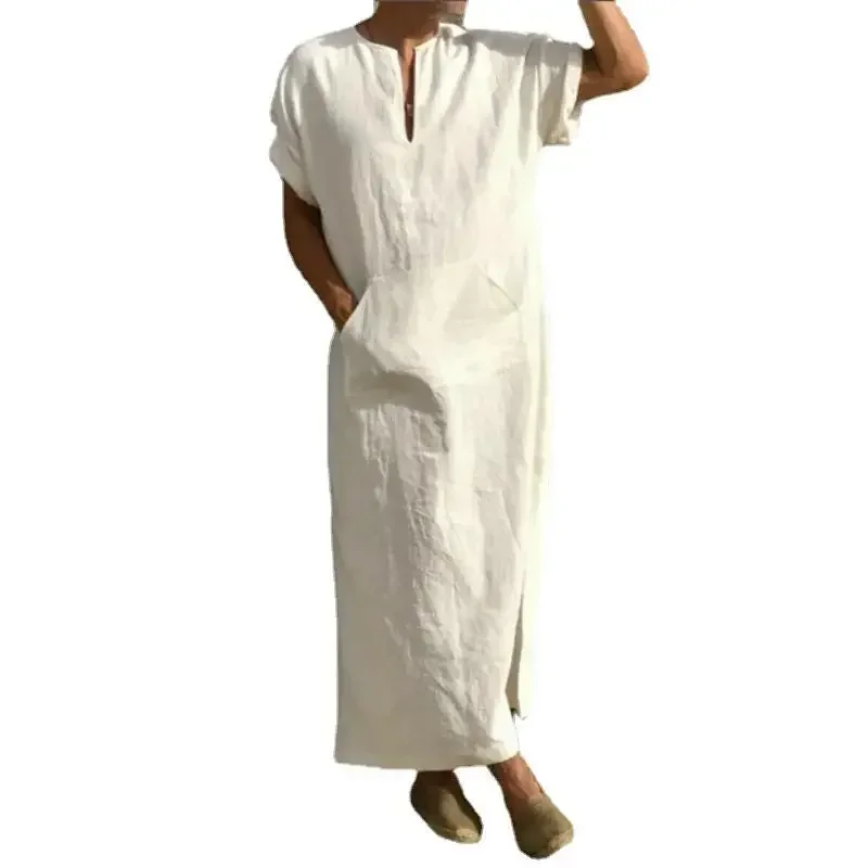 Ew modelos de primavera e verão masculino estilo muçulmano robe simples sólido all-match pequeno decote em v linho confortável manga curta robe
