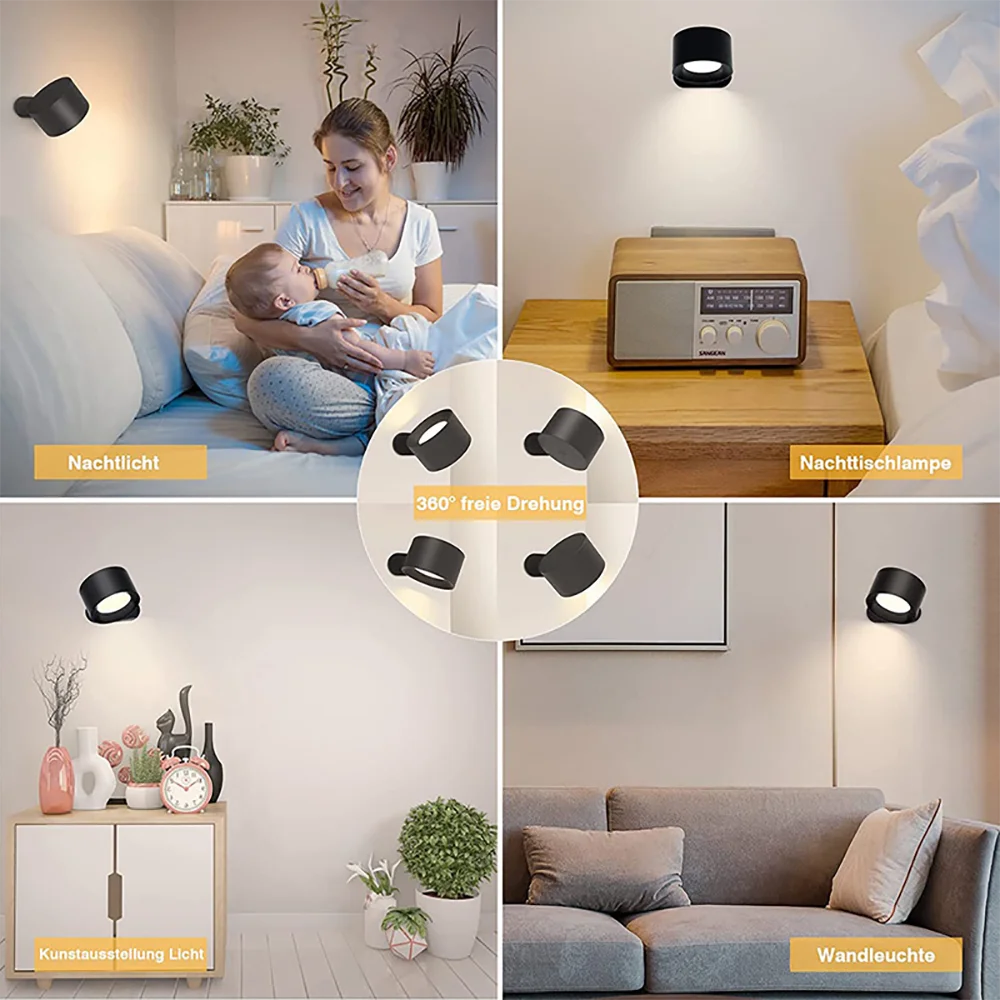 Lâmpada LED Touch Wall com controle remoto, 360 ° Rotatable, USB Recarga, sem fio, portátil, Night Light, cabeceira, Quarto, Lâmpada de leitura