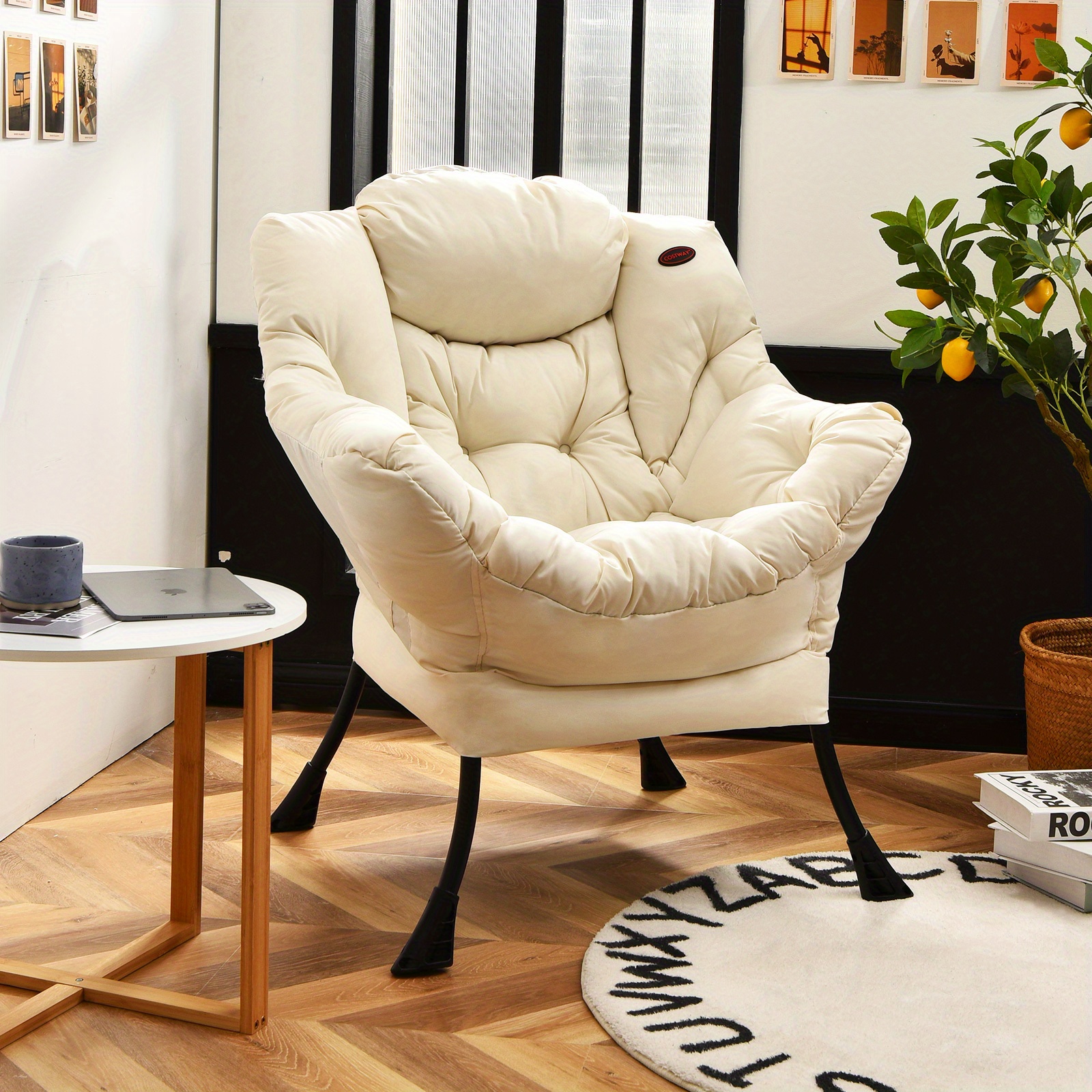 Costway Moderner Lazy Chair aus Polyestergewebe, Einzelsofastuhl mit Seitentasche, Beige