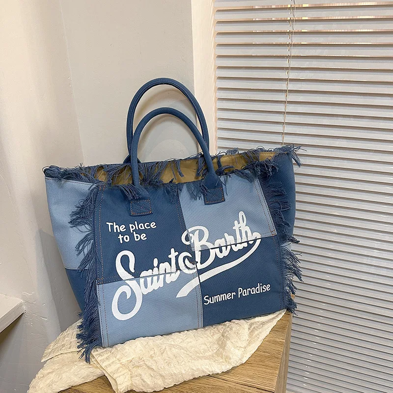 Korean letters tassel canvas bag large capacity bag bag simple commuter student to single shoulder Tote bag