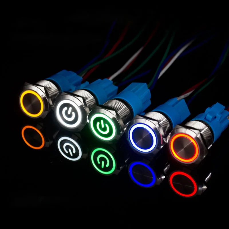 12mm 16mm 19mm 22mm botón pulsador de metal interruptor de encendido y apagado luz LED impermeable botón circular plano 3v 6v 12v 24v 110v 220v ip65