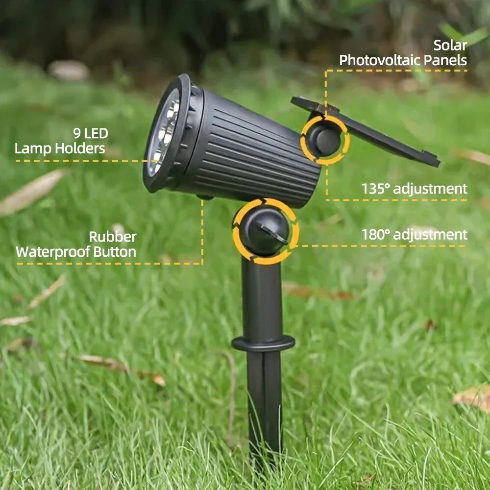 9 LED-owych solarnych reflektorów punktowych, zewnętrzne, wodoodporne, zasilane energią słoneczną, lampy ogrodowe na szpilce, regulacja jasności, do ścieżek, trawników, podjazdów i podwórka.