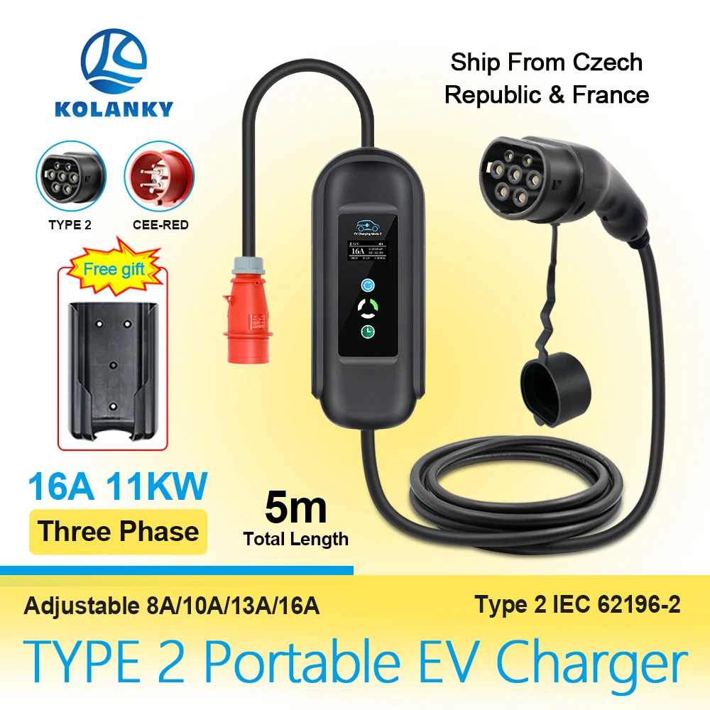 Kolanky Type2 Ajustar 16A 11KW Carregador EV Portátil Comprimento Total 5M 3 Fase EVSE Cabo de Carregamento Plugue CEE para Carro Elétrico