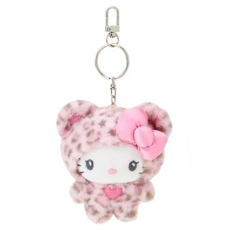 MINISO Hello Kitty Kawaii Cat Keychain Cute Plush Doll Bag Charm with Bow Leopard Print Zipper Pull Gift for Girls Stuffed Toys