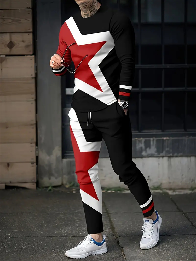 Conjunto de Jersey de manga larga para hombre, camiseta y pantalones de cuello redondo de primavera y otoño con bloqueo de Color 3D de impresión Casual a la moda