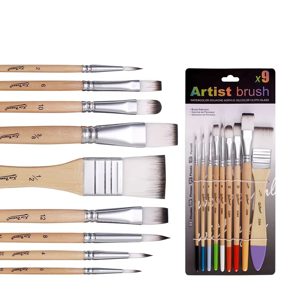 9 ชิ้นศิลปินชุดแปรงไนลอนไม้ Handle เริ่มต้น Professional ภาพวาดสีน้ําน้ํามันสีอะคริลิคบอร์ดเครื่องมือ Art Supplie