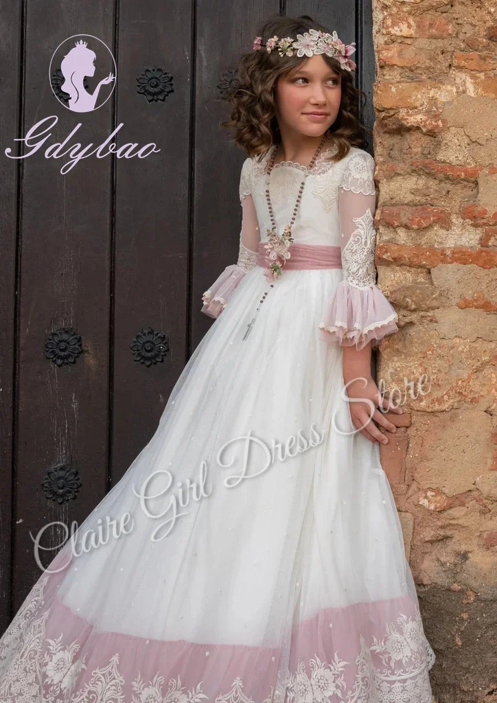 ที่กําหนดเองElegantชุดสาวดอกไม้สําหรับงานแต่งงานBacklessกับโบว์เจ้าหญิงวันเกิดParty First Communion Ball Gown