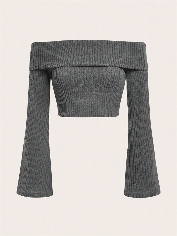 Kobiety Off The Shoulder Flare Long Sleeve Crop Top Fall Spring 2024 Sexy Rib-knit Fleece Cropped Blouse Tee Shirts Streetwear Y2K